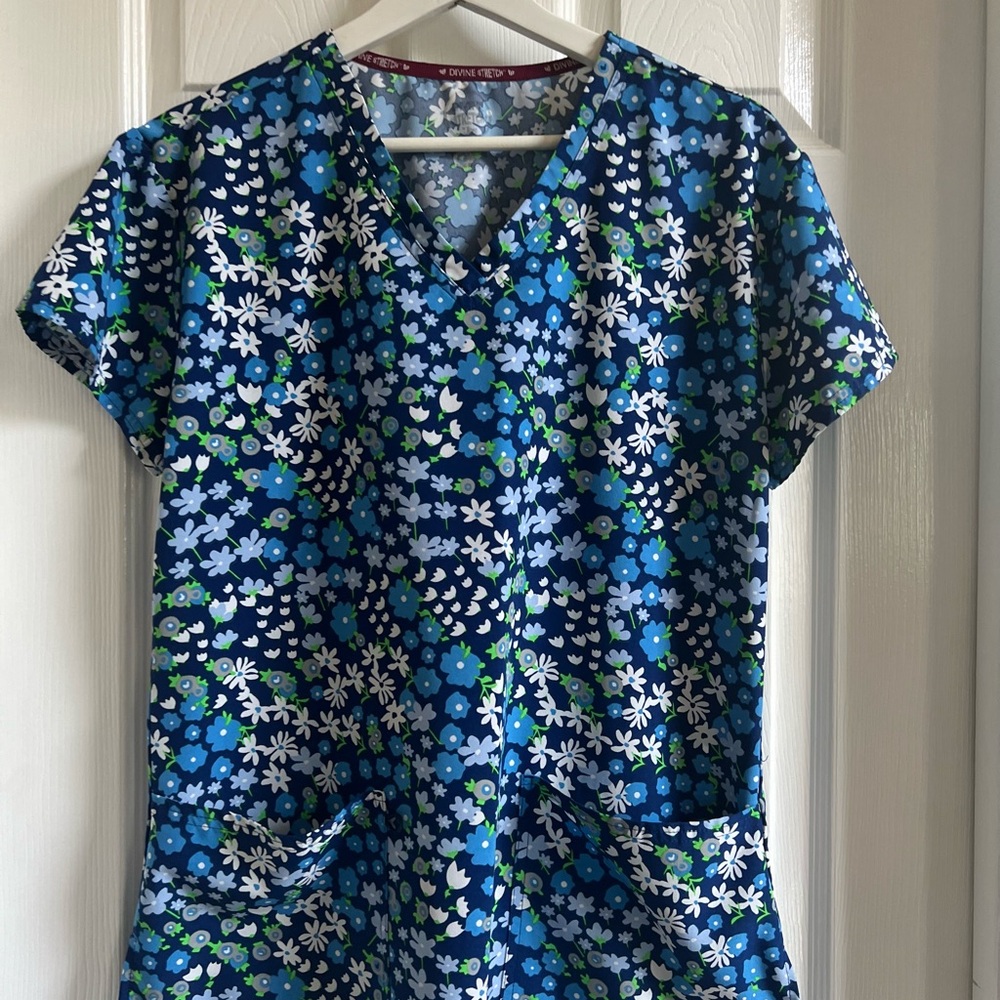 Floral Blue and Green Women's Scrub Top